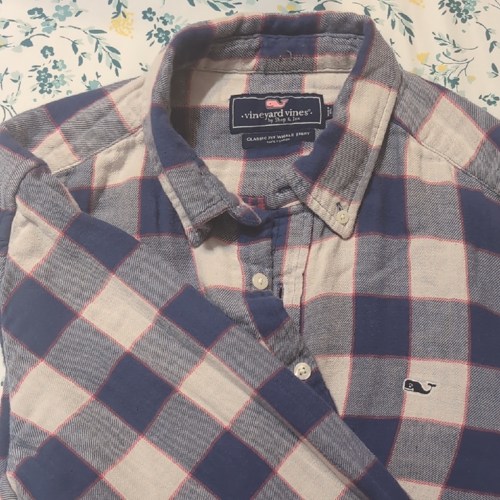 Vineyard Vines Men's Blue and White Plaid Shirt
